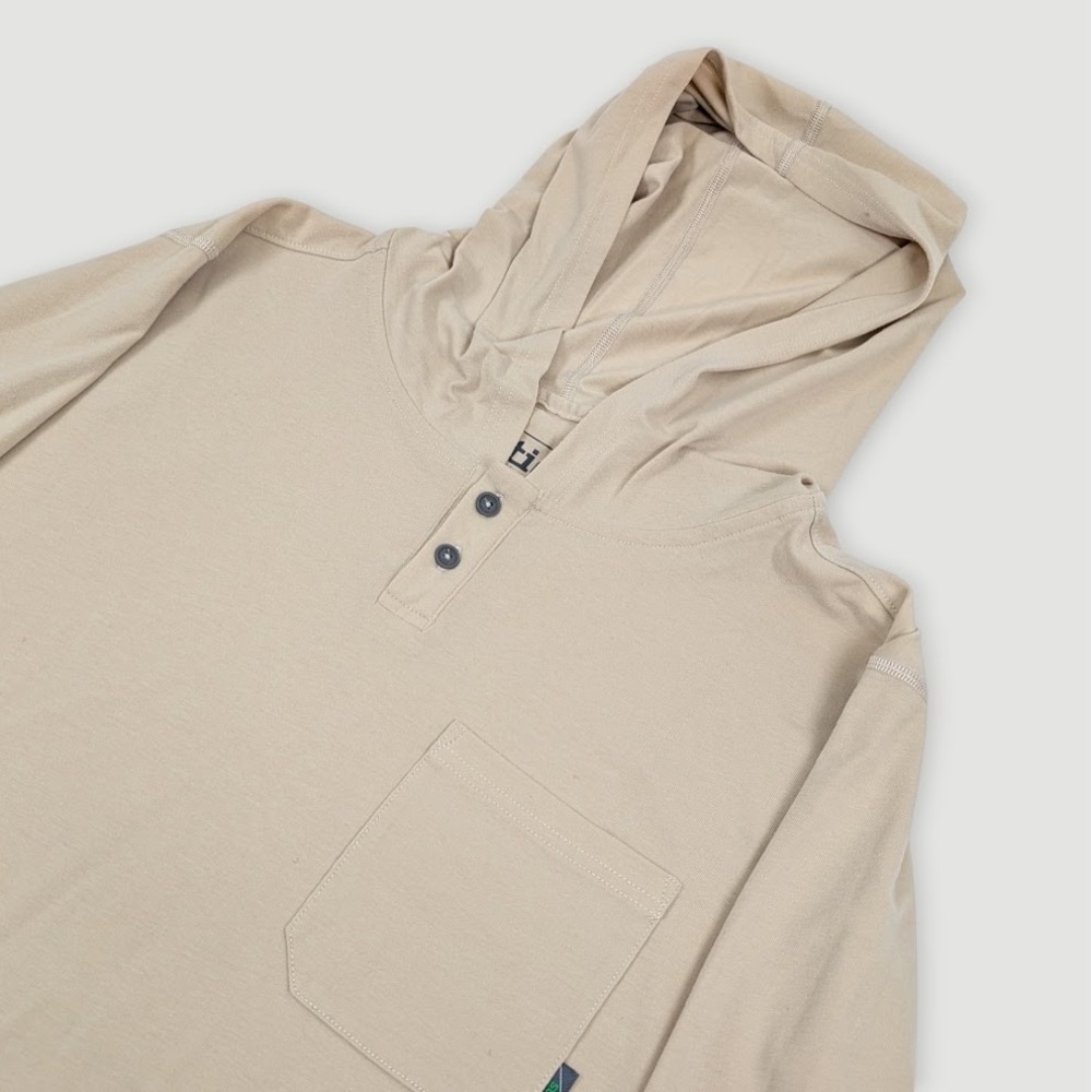 Stio Tipton Tech Hooded Henley Mens XL Beige Lightweight Outdoors Utility Gorp